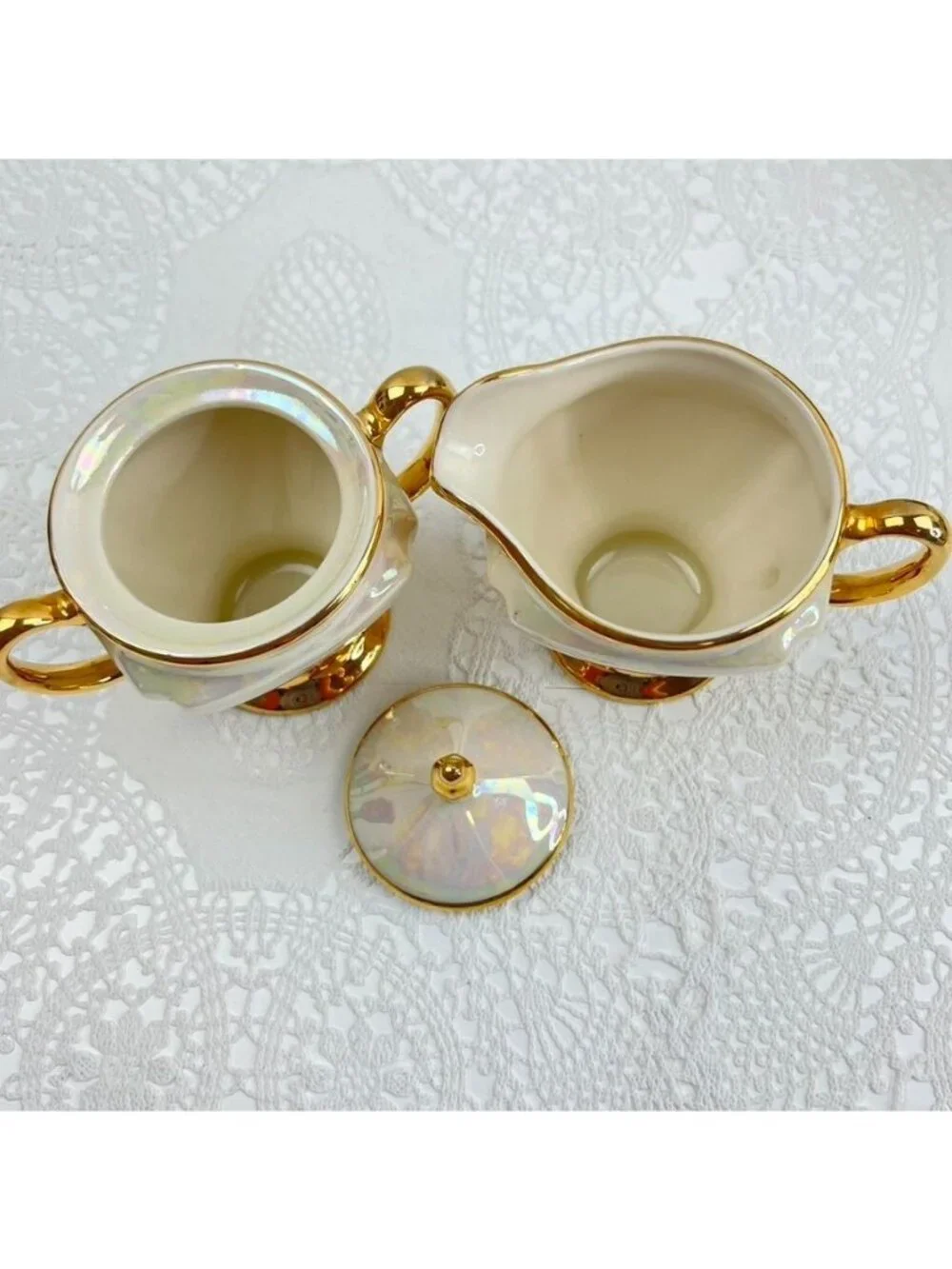 Vintage Cream & Sugar Set Heavy Gold TrimIridescent Pearl MCM
